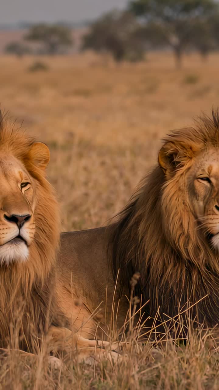 Vídeo vertical: Dos leones machos adultos descansando y conservando energía sobre hierba seca, parpadeando de vez en cuando