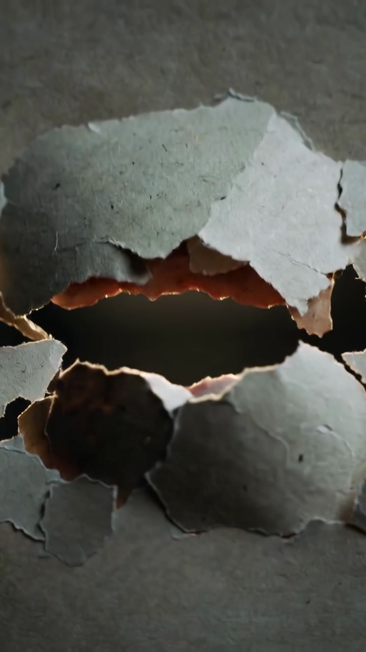 Vertical video: Shifting backlight revealing torn gray sheet in closeup, showing brown inner layer