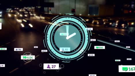 animación del reloj sobre iconos de redes sociales y paisaje urbano