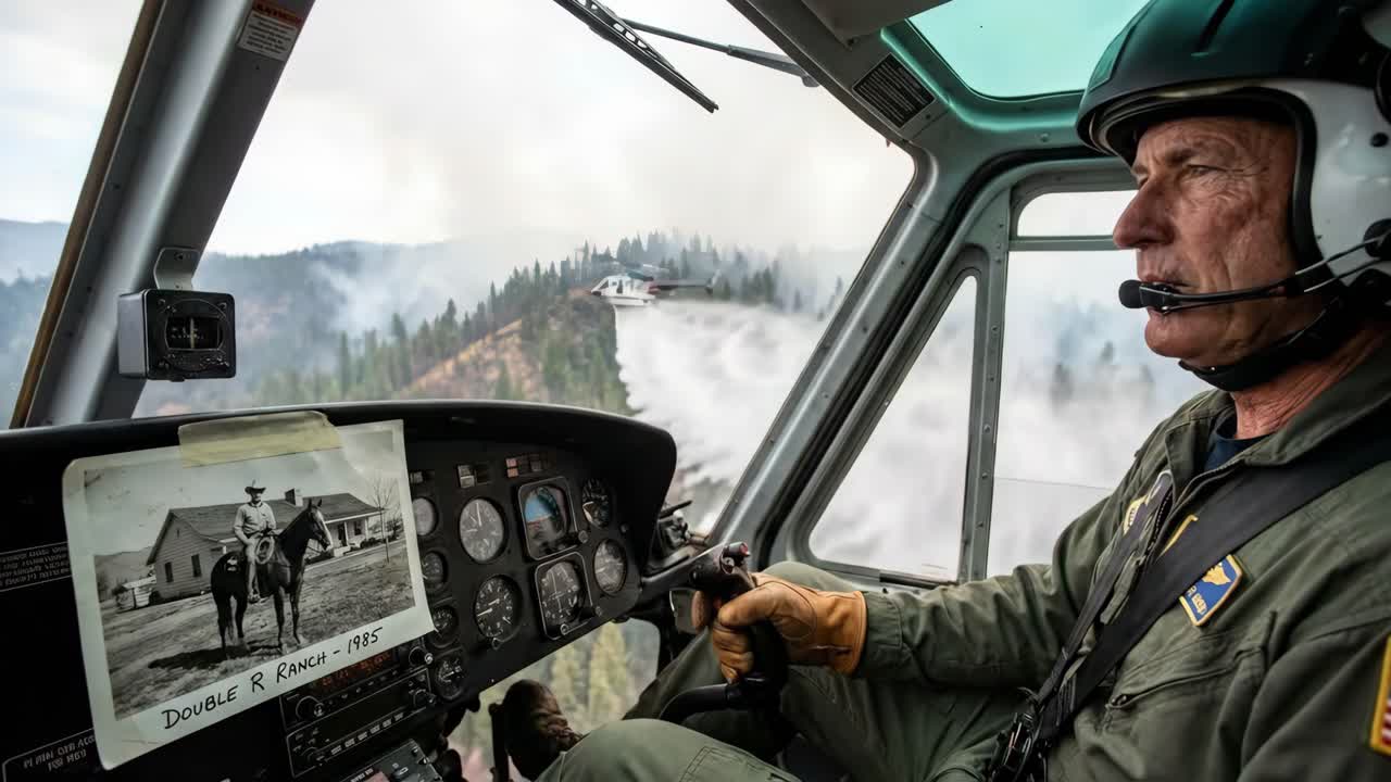 Pilota alla guida di un elicottero attraverso un incendio