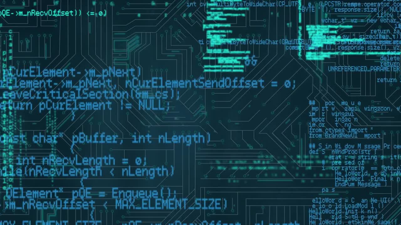 animación digital del procesamiento de datos contra las conexiones de microprocesador sobre fondo azul
