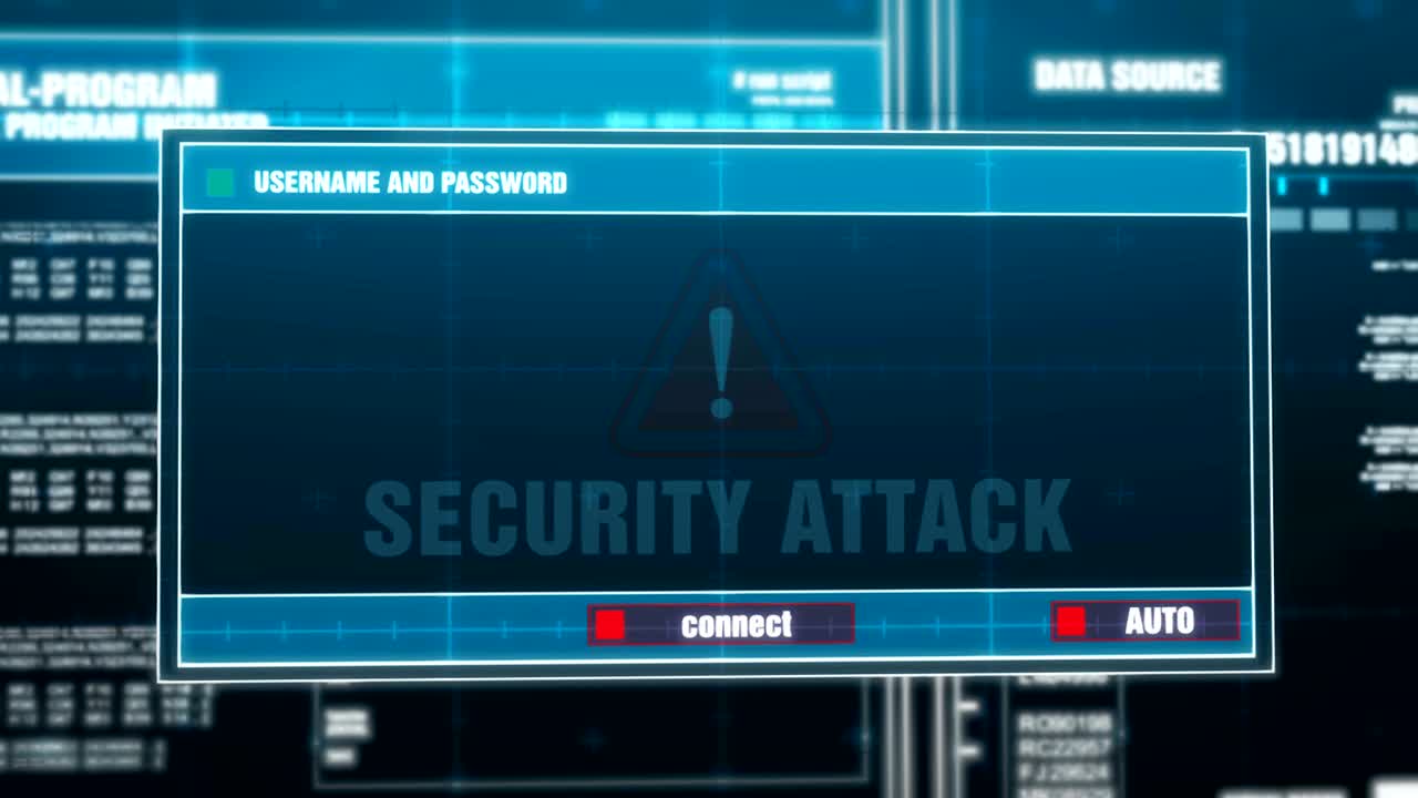 notificación de advertencia de ataque de seguridad generada en el sistema digital mensaje de error de alerta de seguridad en la pantalla de la computadora después de introducir el nombre de usuario y la contraseña. crimen cibernético, concepto de piratería informática