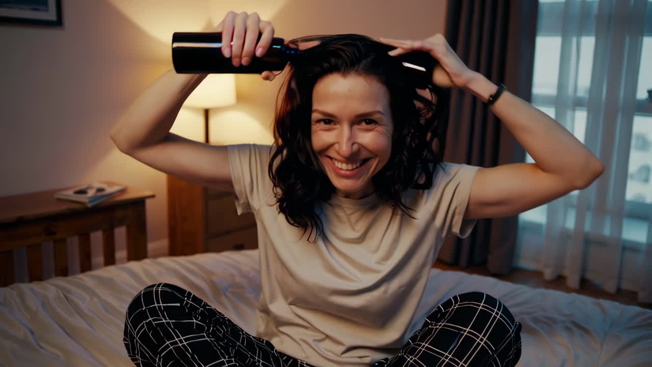 Woman Applying Hair Spray in Bed