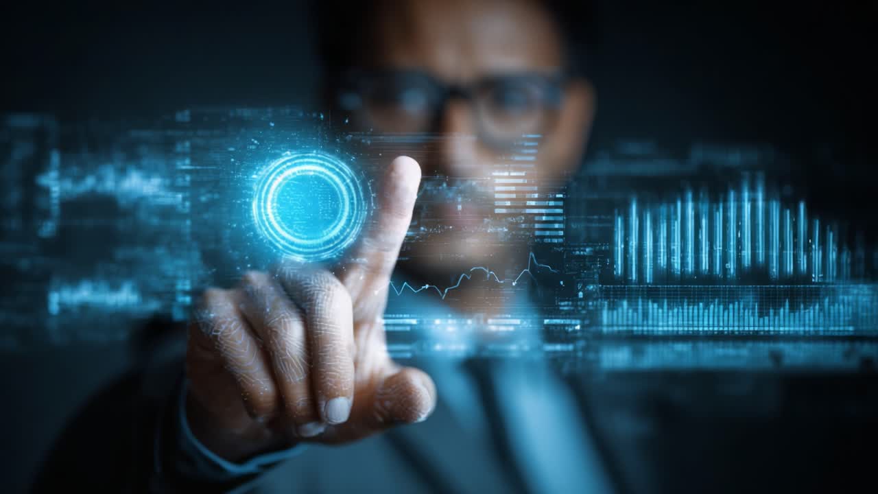 Engaging with Futuristic Technology: A Professional Interacting with Innovative Digital Interfaces in a High-Tech Environment