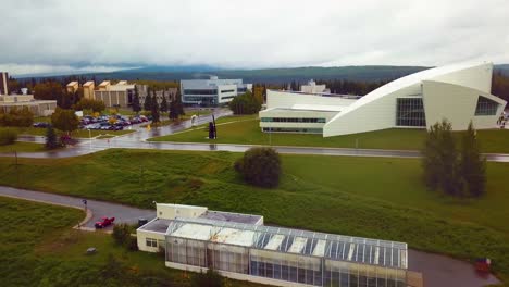 4K-Drone-Video-of-Museum-of-the-North-on-Campus-of-University-of-Alaska-Fairbanks,-AK-during-Summer-Day