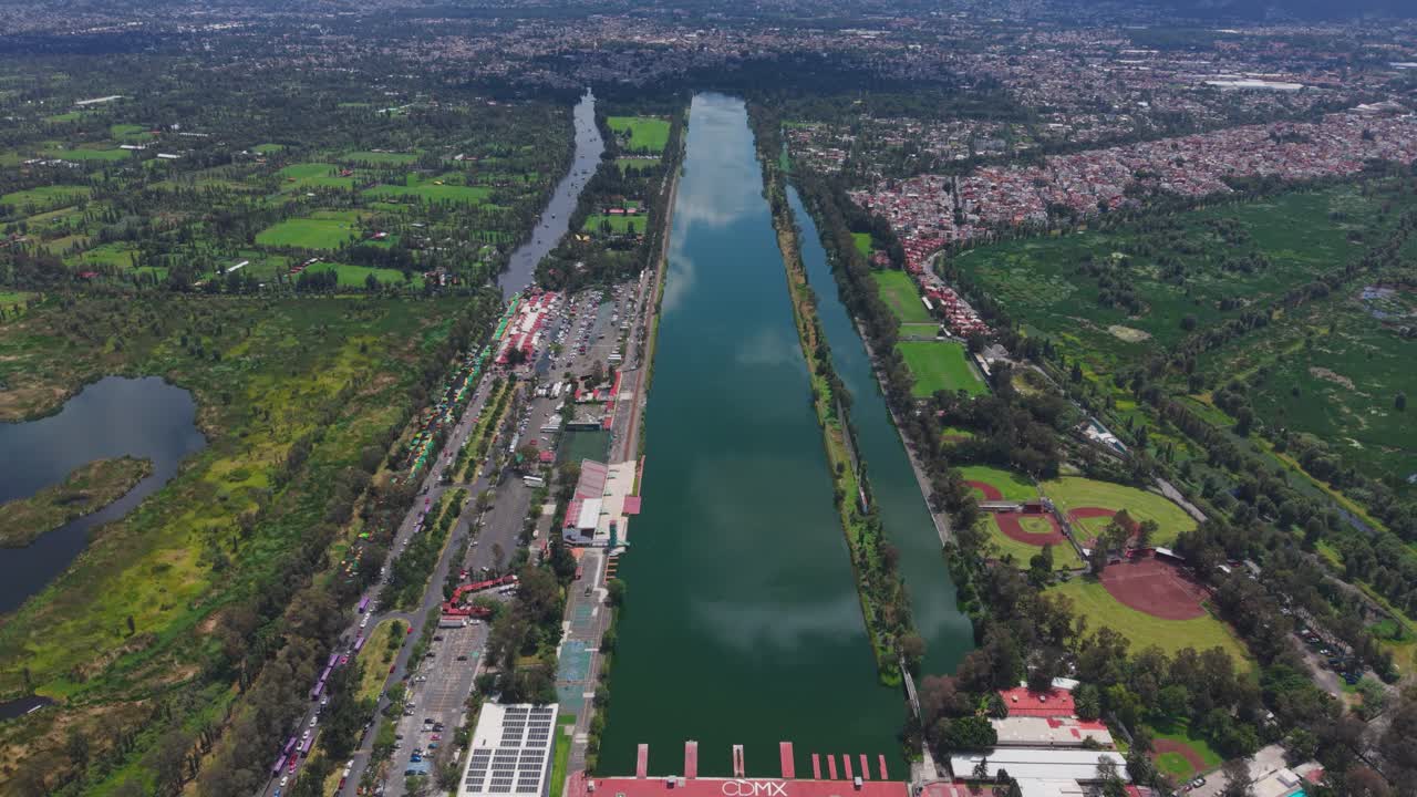 Drone footage of Cuemanco in Mexico City, area for canoeing and rowing
