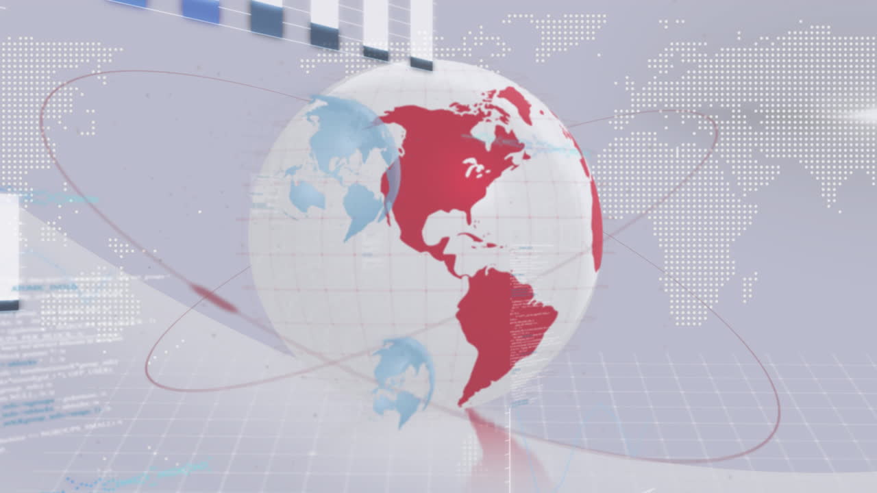 전 세계, 금융 데이터 처리 및 통계의 애니메이션을 밝은 배경으로 표시합니다.