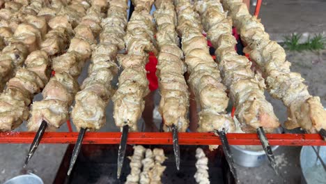 closeup shot of multiple marinated kebabs in skewers ready for roasting in road side stall or dhaba in india