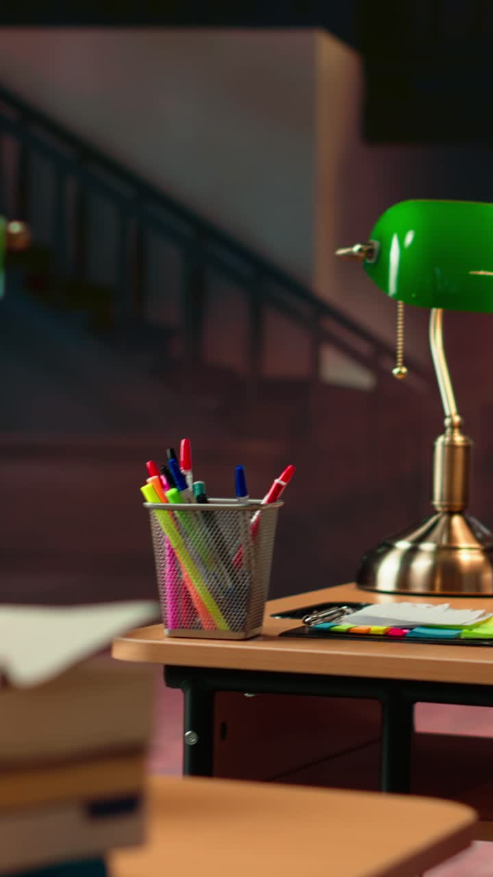 Desk with Green Banker's Lamp and Colorful Pens in a Study Room