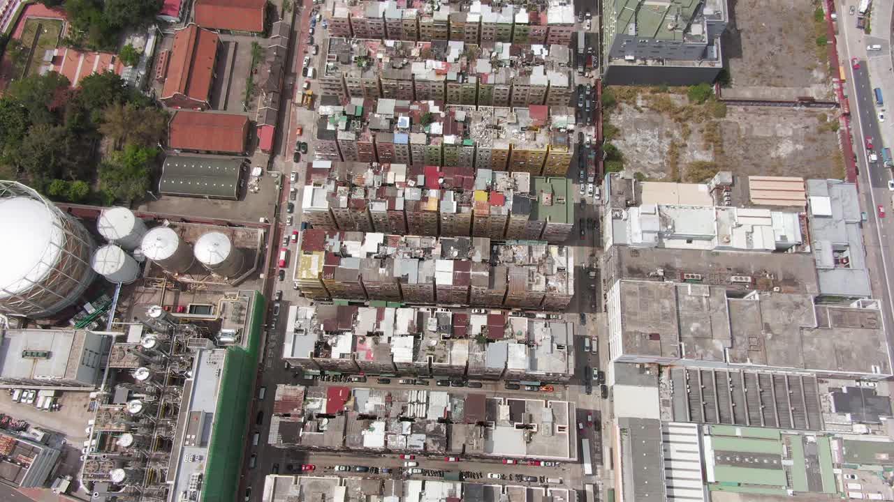 Hong Kong Kowloon Walled City, a densely populated slum, Aerial view