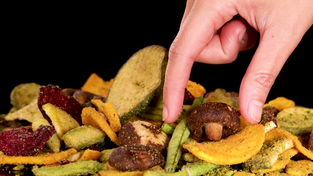 A hand reaches into a colorful pile of assorted dried vegetable chips, picking up a piece. Studio lighting highlights textures and vibrant colors, with a static camera and black backdrop