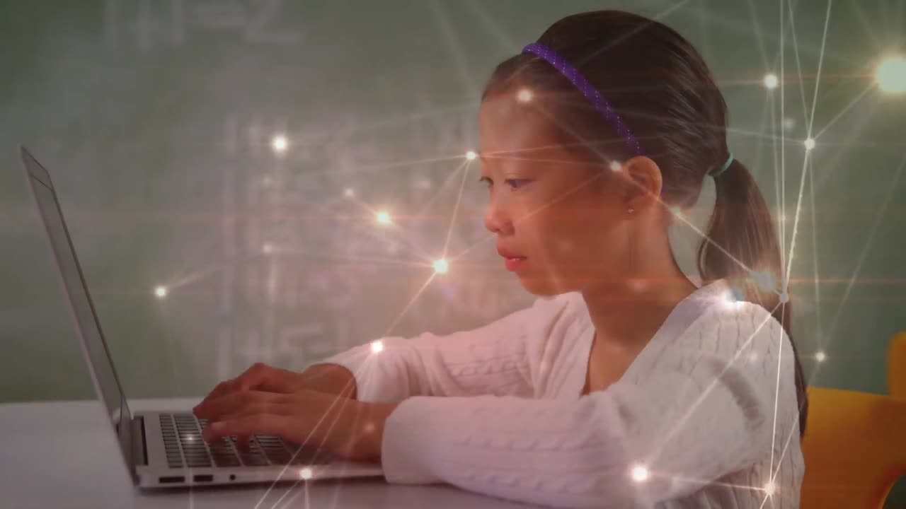 Animation of network of connections over asian schoolgirl using computer