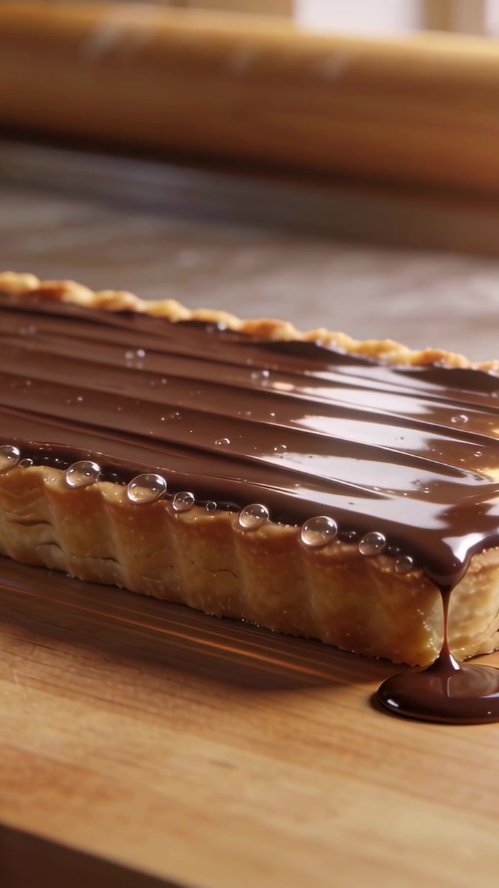 Video verticale: Versare glassa al cioccolato su una crostata scanalata in cucina, formando delle goccioline, completando la crostata.