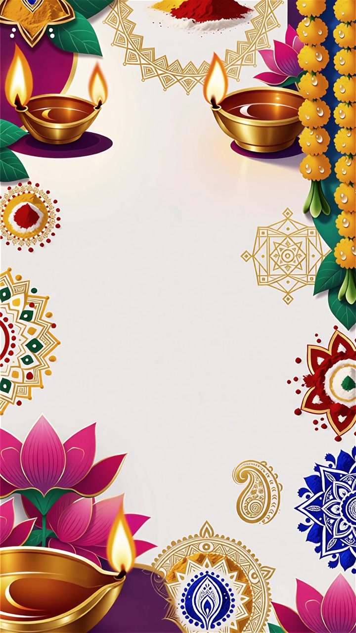 Sfondo Diwali con Diyas luminosi, Rangoli e fiori di loto