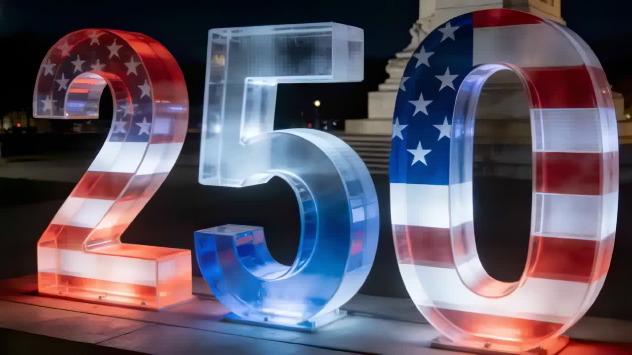 Glowing 250 sculpture marking milestone at plaza after nightfall, with stone platform