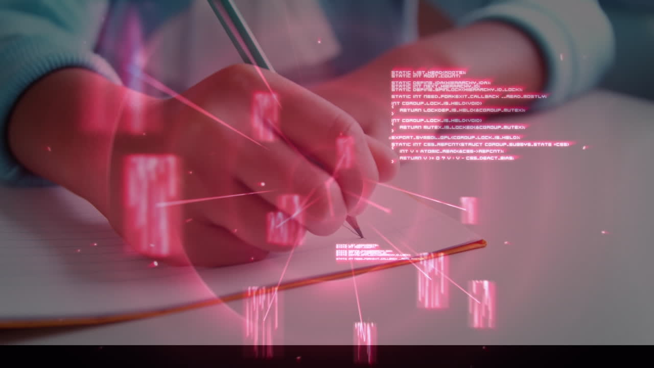 Animazione di numeri che cambiano e elaborazione dati su un bambino che scrive