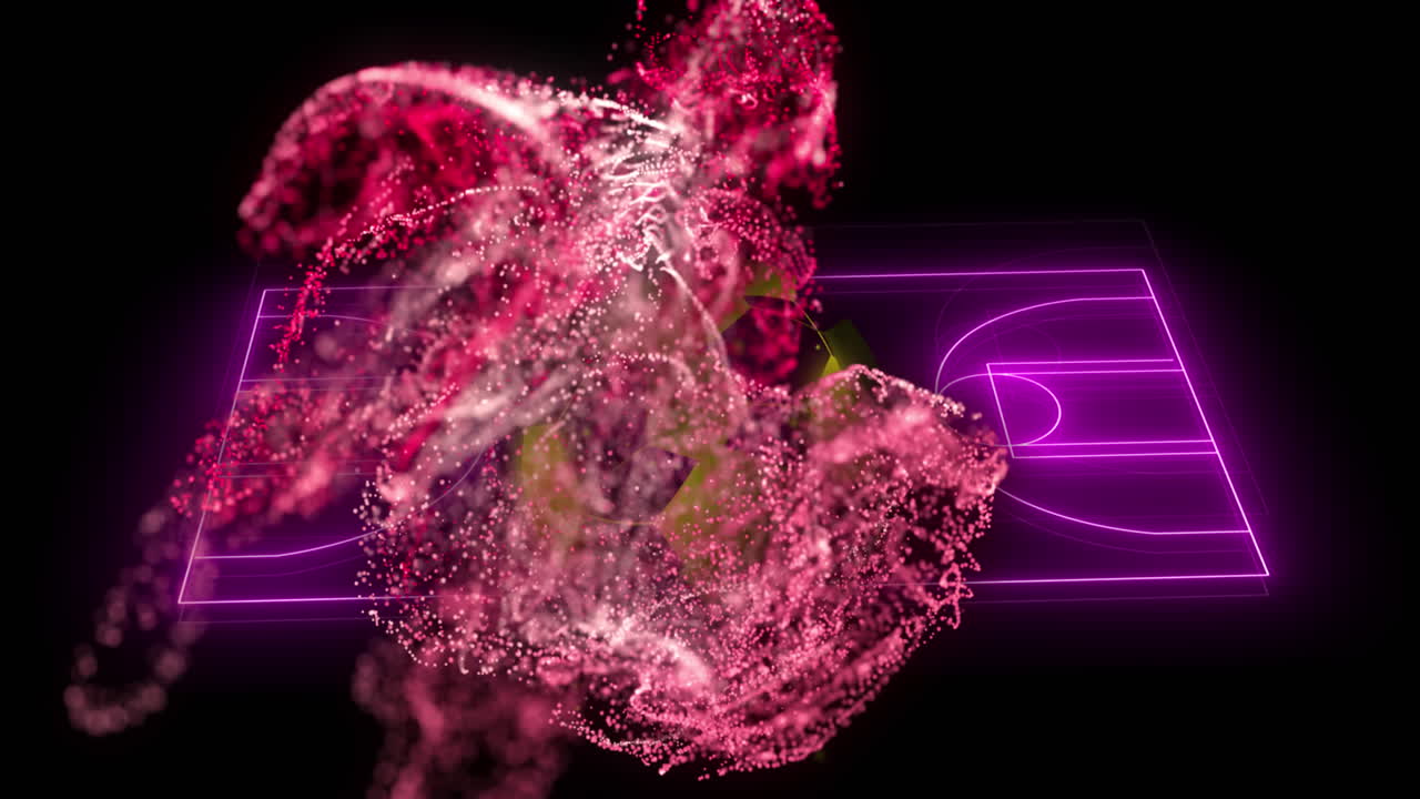 animación de onda digital rosada sobre el diseño del campo de fútbol púrpura de neón contra fondo negro