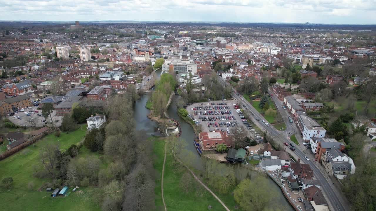 Guildford  Surrey UK aerial panning shot river and town