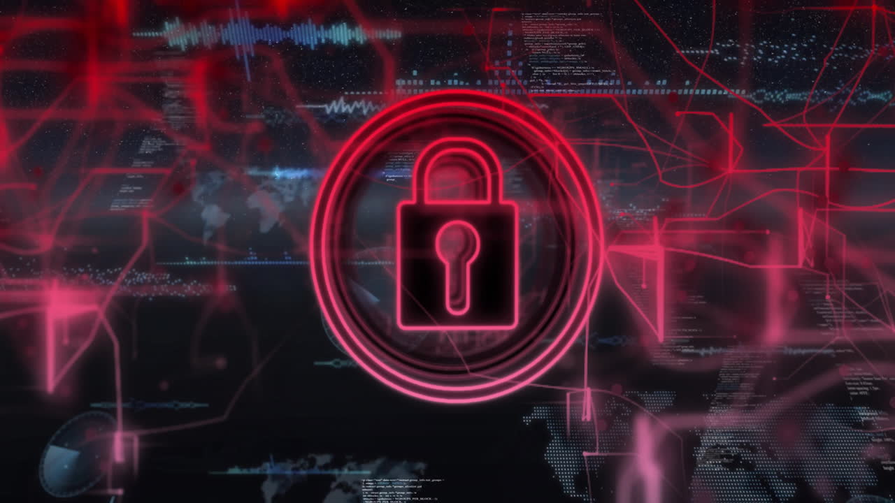 animación del procesamiento de datos digitales y el icono del candado en fondo oscuro