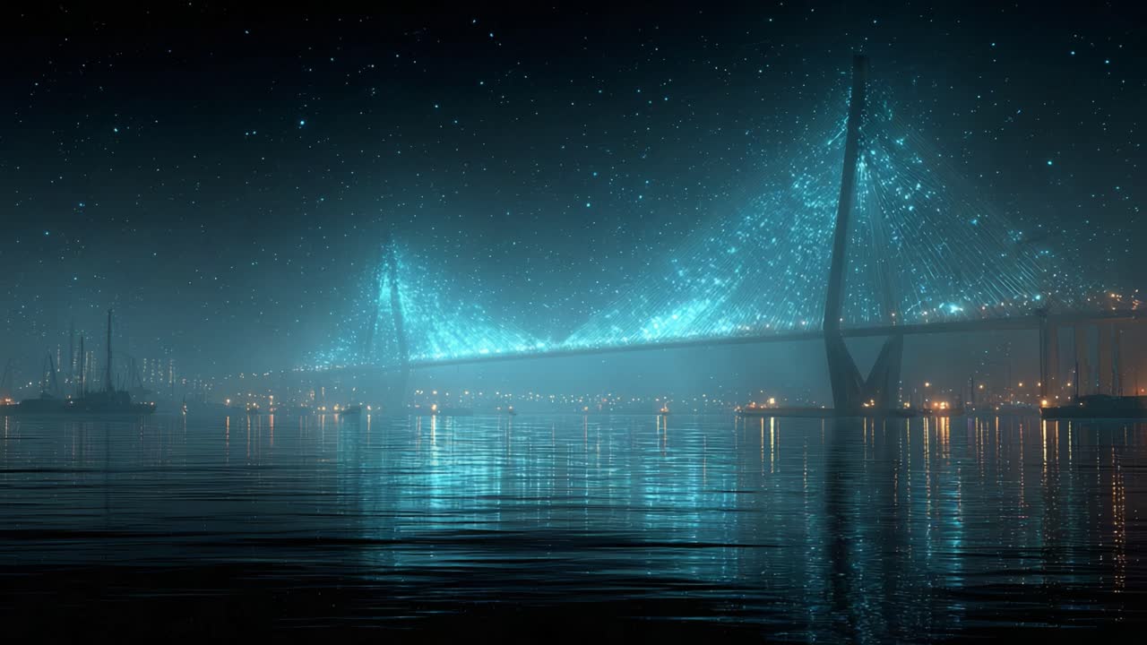 Stunning cable stayed bridge shimmering with neon blue particle lights under a starry sky at night, connecting a futuristic cityscape with its glowing reflection rippling on the calm water surface