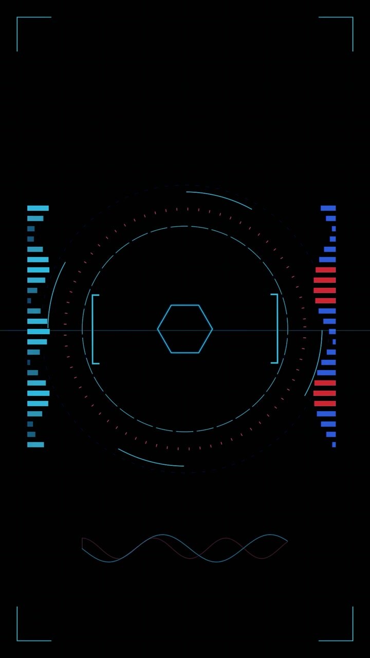 Interfaccia HUD digitale futuristica con elementi circolari rotanti