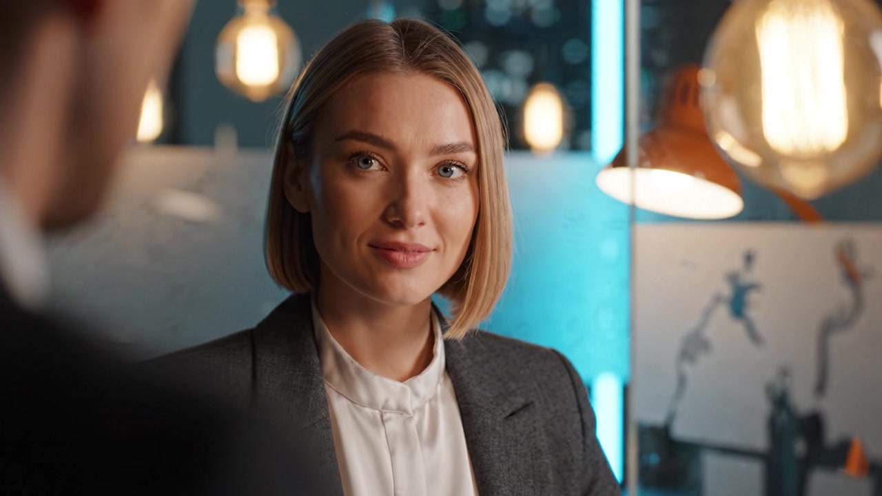 Una donna professionista che conversa in uno spazio di lavoro moderno, mostrando sicurezza e raffinatezza in un ambiente ben illuminato con elementi di design contemporaneo