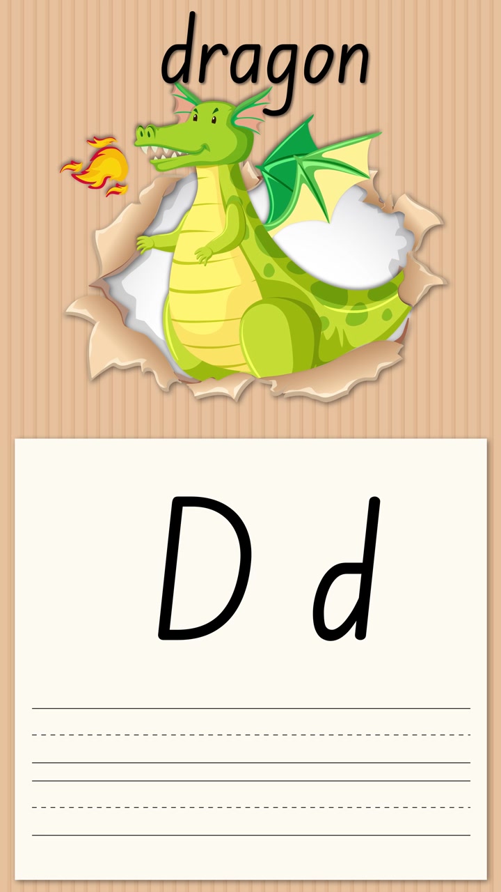 Un drago verde sputafuoco appare sopra le righe di scrittura che insegnano la lettera D e la parola "drago"