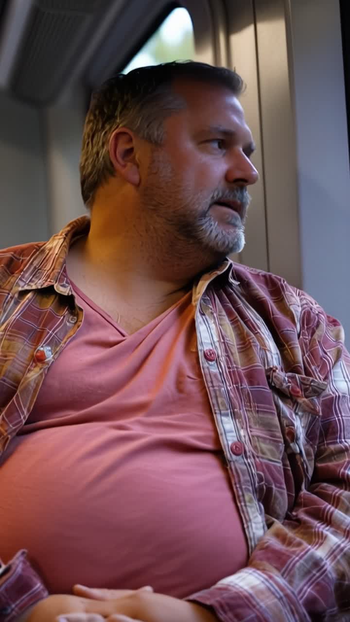 Hombre de mediana edad con una gran barriga sentado en el interior, con aspecto cansado y contemplativo. Sus manos descansan sobre su cintura, mostrando incomodidad o resignación. Lleva una camisa de cuadros sobre una camisa rosa