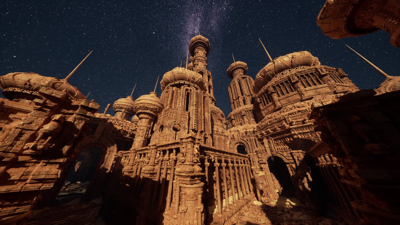 별이 빛나는 밤하늘로 조명된 웅장한 판타지 궁전