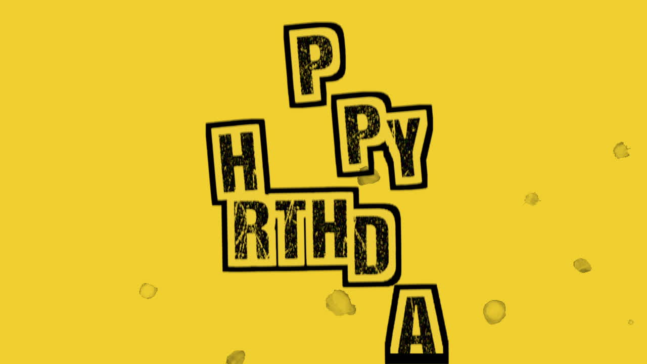 Animation intro text Happy Birthday on yellow hipster and grunge background with spotted splashes