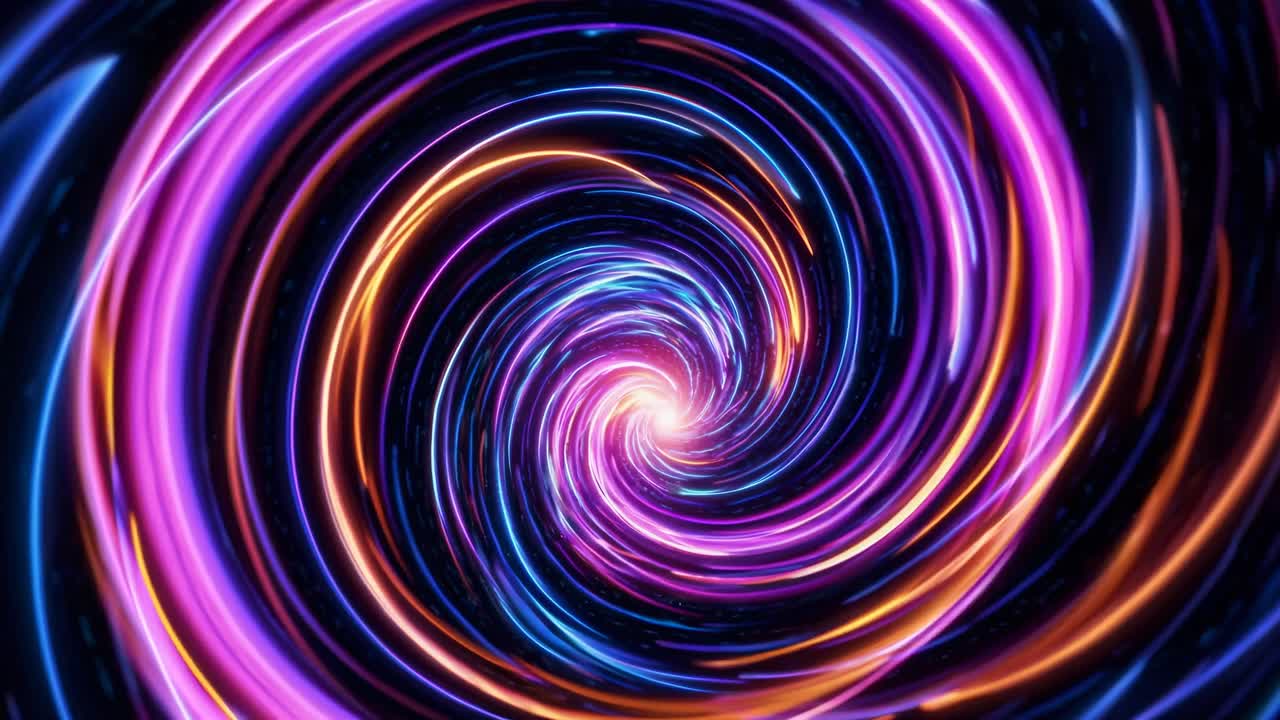 A mesmerizing spiral of neon lights creates a vortex effect, captured from a top-down angle