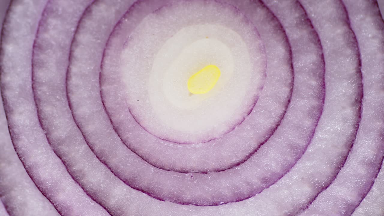 las rebanadas de la cebolla roja giran lentamente.