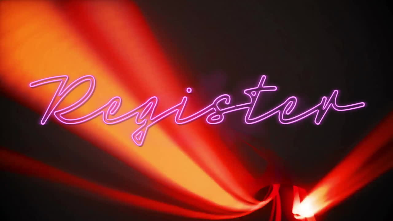 Glowing neon register text with dynamic red and orange animation streaks