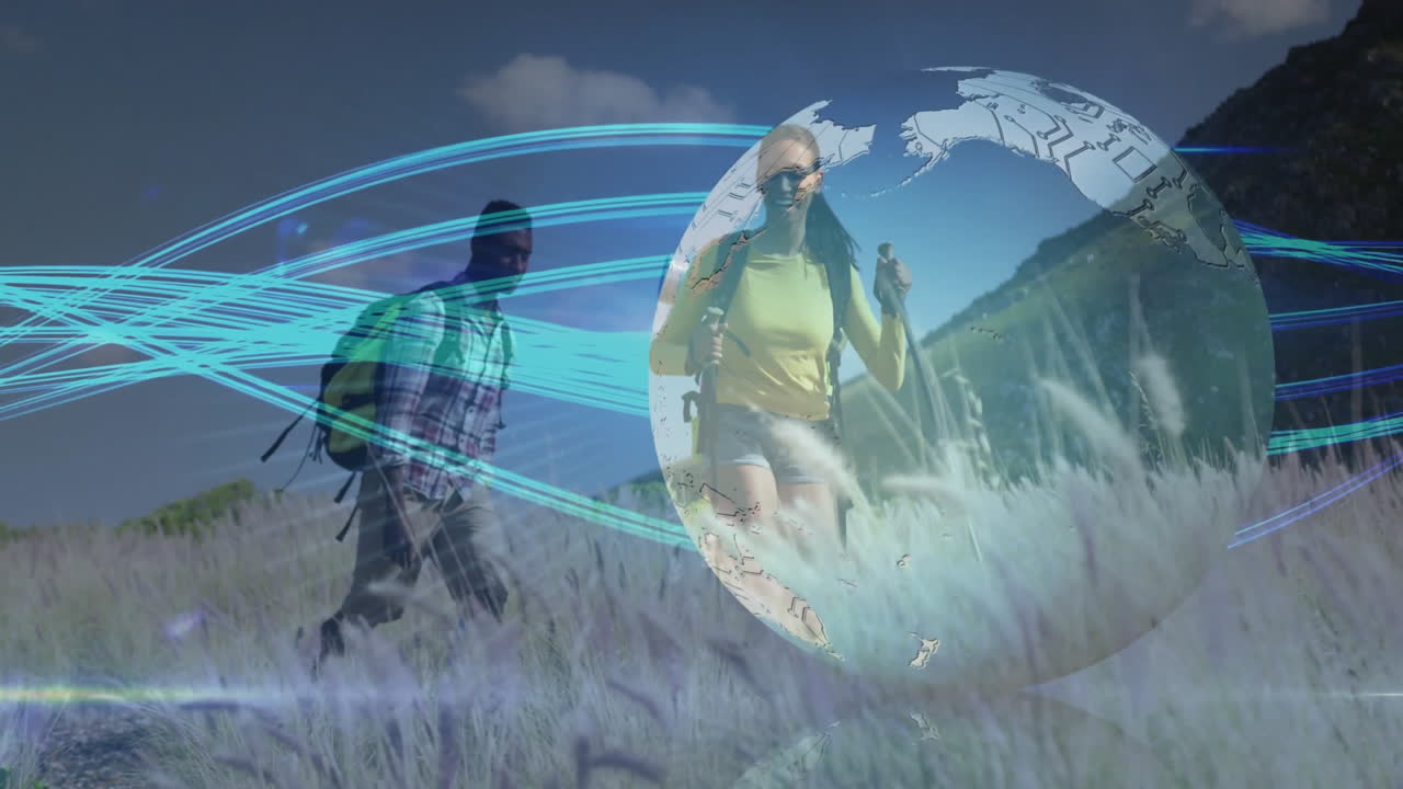 Two hikers traversing grassland while glowing data streams flowing around globe representing tech