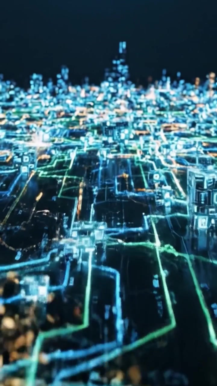 Una vivida trasformazione dall'oscurità a circuiti illuminati, che mostra un vivace paesaggio urbano pieno di tecnologia luminosa e intricate linee digitali.