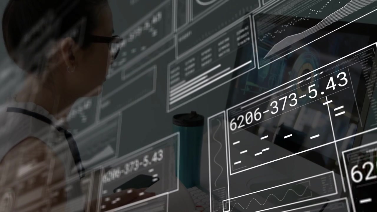 Woman analyst typing activating HUD panels showing graphs overlaying keys and aiding data analysis