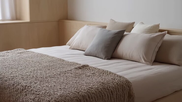 Letto confortevole con cuscini neutri e coperta testurizzata in una moderna camera da letto