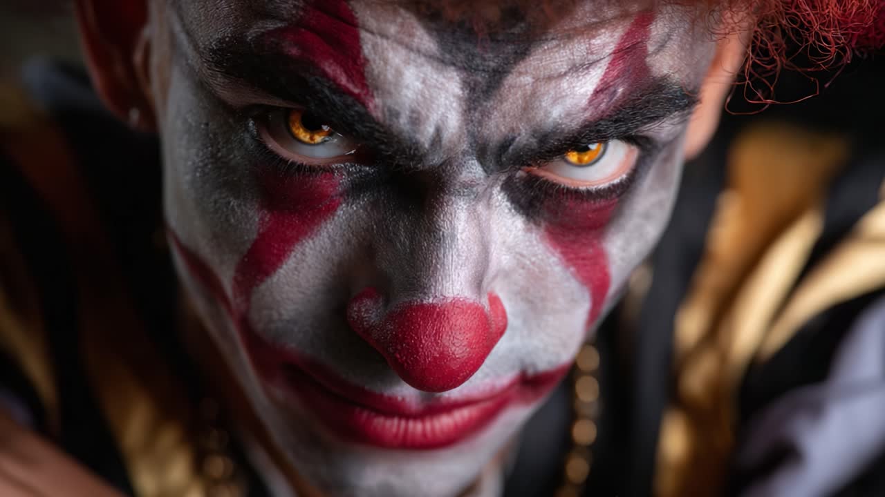 Intense Close-Up of a Clown with Vivid Makeup and Striking Eyes Capturing the Audience’s Attention through Expressive Gaze and Dramatic Color Contrast