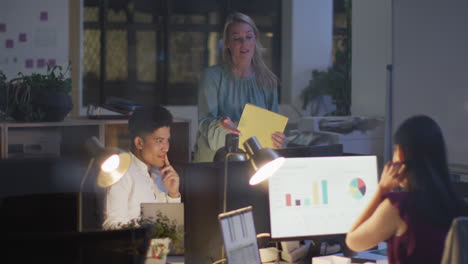 Caucasian-woman-leads-a-late-night-business-office-meeting,-working-late