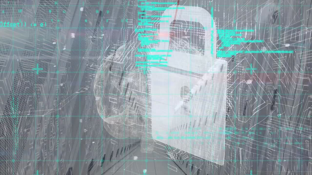 animación del procesamiento de datos y la rotación del cerebro humano contra la sala de servidores de computadora