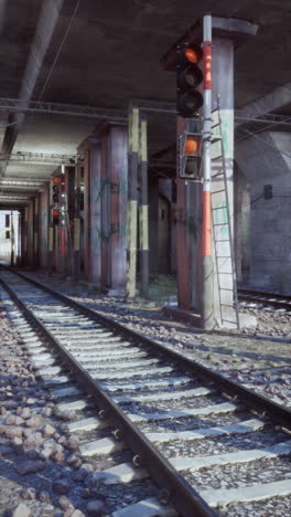 abandoned train tracks under a bridge