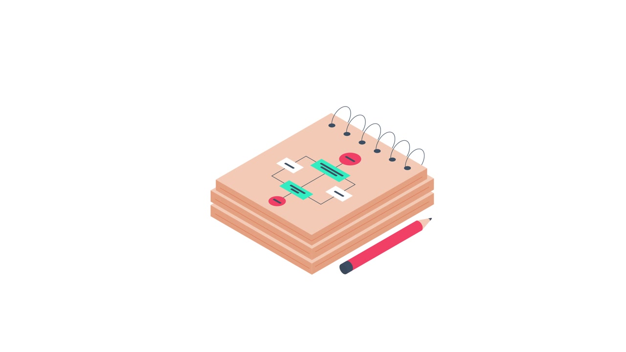 Animated Isometric Notebook with Flowchart and Pencil
