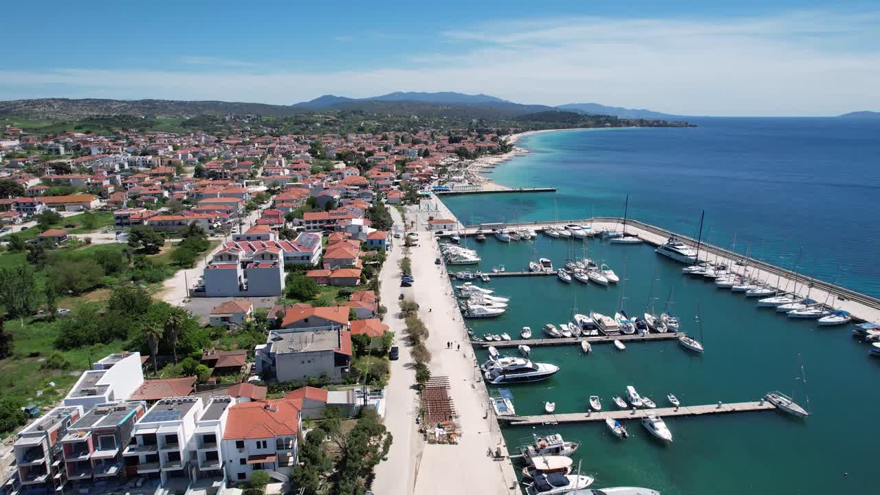 Nikiti Beach Halkidiki Greece, Aerial View of Marina and Coastal Village