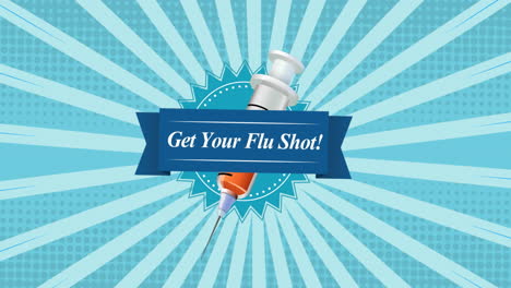 get your flu vaccine shot text banner with syringe icon on blue radial background