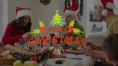 animación del texto de feliz navidad sobre una familia caucásica con sombreros de santa