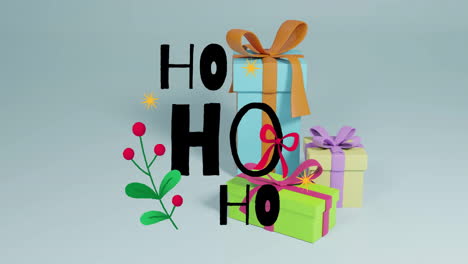 animation of ho ho ho text over presents and christmas decorations on white background