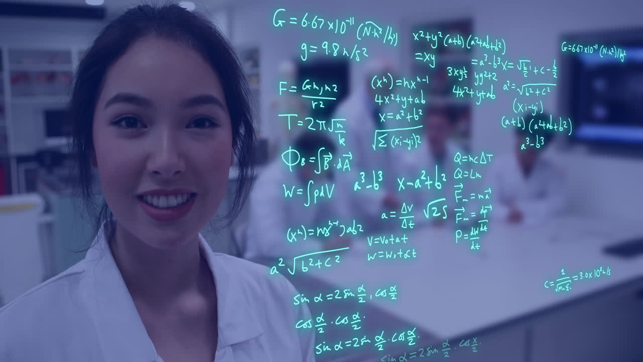 실험실에서 두 인종의 여성 학생에 대한 데이터 처리의 애니메이션