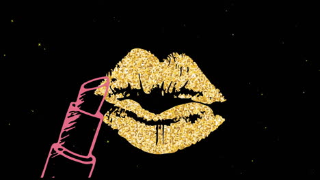 animation of lipstick, gold lips over snow falling on black background