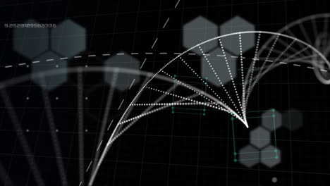 digital animation of dna structure spinning against multiple geometric shapes on black background