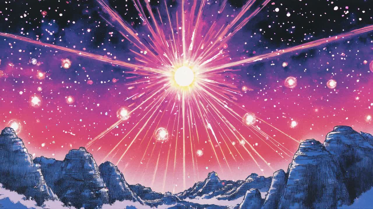 A cosmic explosion in a vibrant, animated style with a low-angle view, capturing a starburst